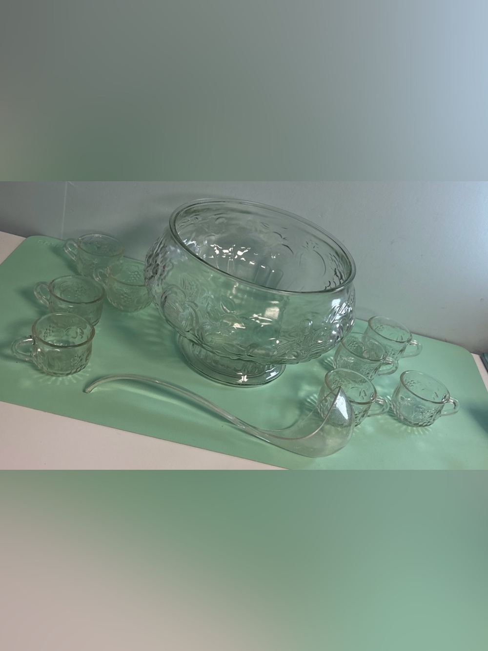 Vintage Jeannette Glass Punch Bowl with 8 Glass Cups and Plastic Ladle